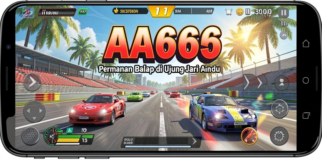 Screenshot gameplay AA666 menampilkan mobil balap melaju cepat di trek.