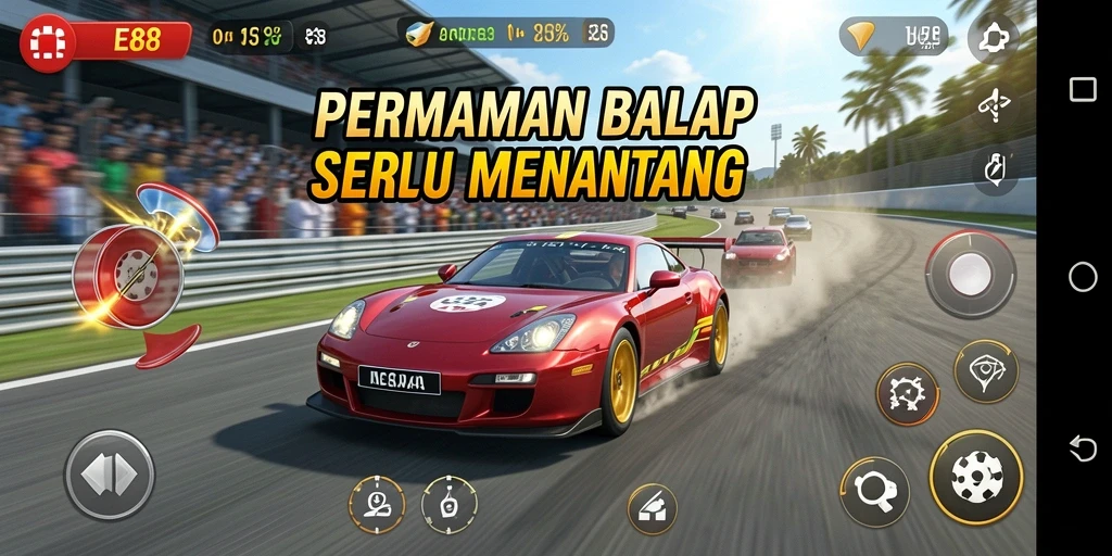 Tampilan gameplay balap yang mendebarkan di E88.