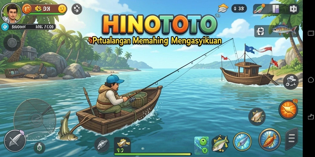 Tampilan gameplay HINOTOTO yang menarik saat memancing ikan di laut.