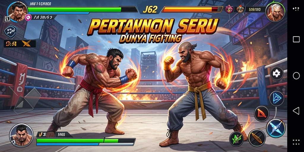 Screenshot utama JJ62 menampilkan pertarungan karakter dengan gerakan dinamis.