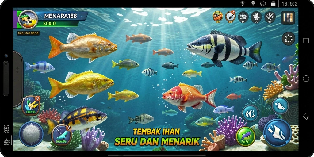 Tangkapan layar utama MENARA188 menampilkan aksi tembak ikan yang intens.