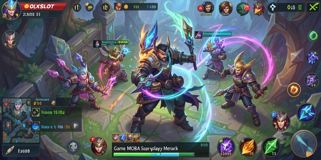 Tampilan gameplay seru dalam OLXSLOT dengan pertarungan MOBA yang menegangkan.