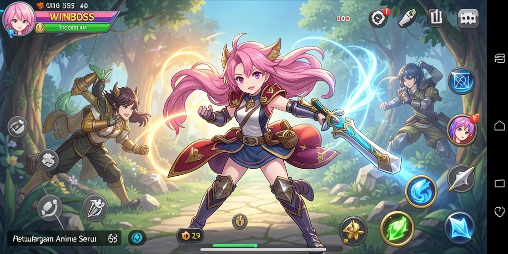 Tampilan gameplay seru dalam WINBOSS dengan karakter Anime penuh aksi.